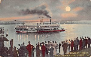 PEORIA ILLINOIS IL~MOONLIGHT SCENE-STEAMBOAT ON RIVER~1911 ANTIQUE POSTCARD