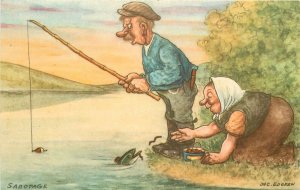 Postcard 1950s Edgren Sweden Fishing Comic humor 23-1367