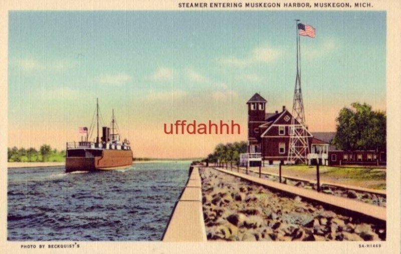 STEAMER ENTERING MUSKEGON HARBOR, MICHIGAN photo by Beckquist's 