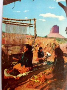 Vintage Postcard Navajo Women Weave and Card Wool under Summer Shelter