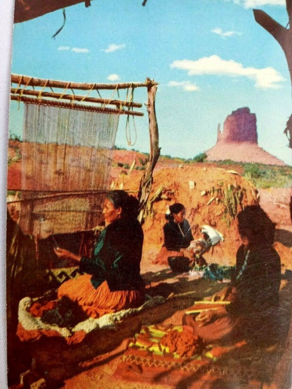 Vintage Postcard Navajo Women Weave and Card Wool under Summer Shelter