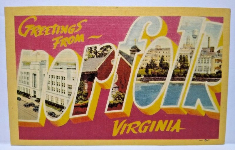 Greetings From Norfolk Virginia Large Big Letter Linen Postcard Unused Dexter