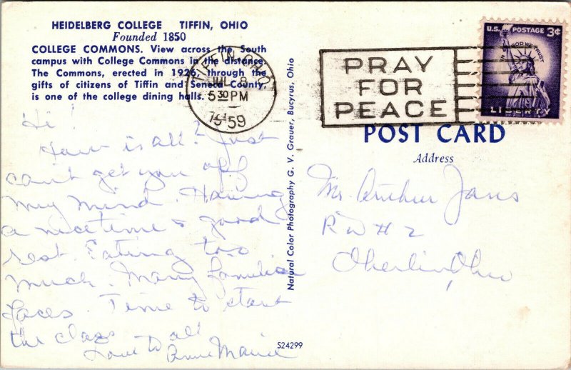 Vtg 1950s Heidelberg College College Commons Campus Tiffin Ohio OH Postcard