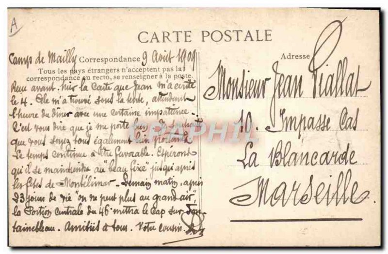 Old Postcard Militaria Camp of Mailly Infantry arriving in camp unfurled flag