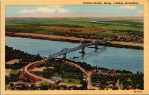 Vtg Natchez Mississippi MI Natchez Vidalia Bridge 1940s Old Linen View Postcard
