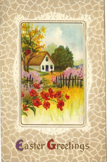 Crimson Red Poppies and Country Cottage Scene Ephemera Easter Greeting Vintage