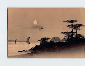 Postcard Coast Boats Trees Moon Birds Landscape Scenery Painting/Art Print