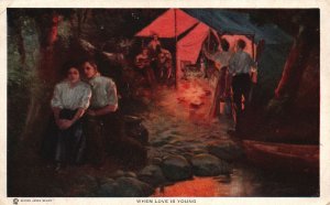 When Love Is Young Sweet Couple Lover Fire Camping Romance Vintage Postcard 1911