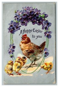 Vintage 1908 Tuck's Easter Postcard Hen with Cute Chicks Purple Flowers Silver