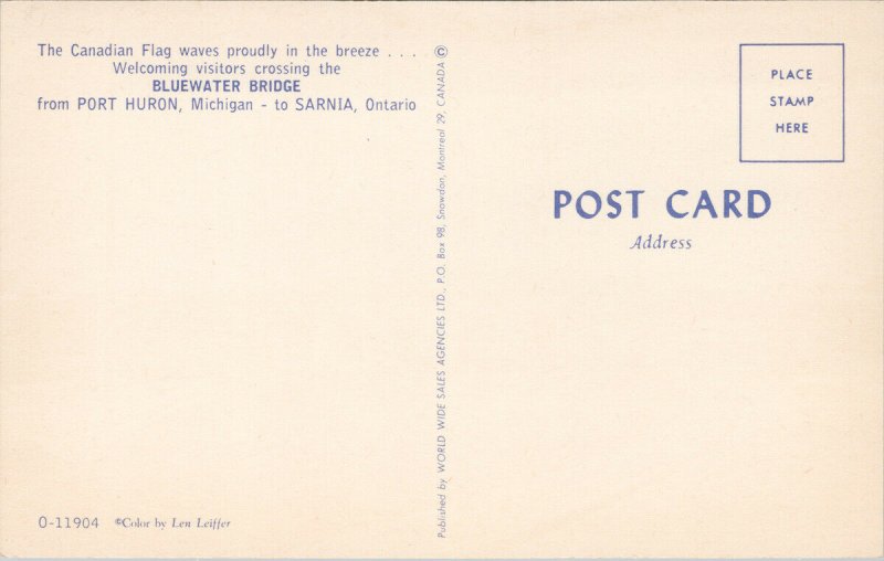 Canada USA Border Crossing Sarnia On Port Huron MI Bluewater Bridge Postcard F87