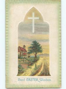 Pre-Linen easter religious JESUS CROSS IN THE SKY OVER HOUSE k2386