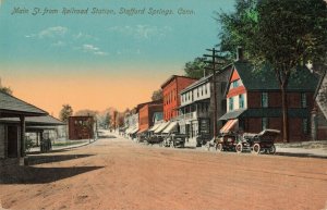 c.1910 Main Street Cars Stafford Spring Railroad Station Conn. Postcard 2T7-152