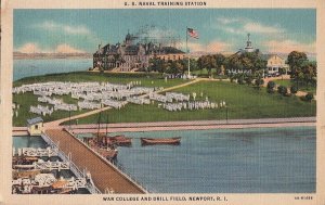 Postcard US Naval Training Station War College + Drill Field Newport RI