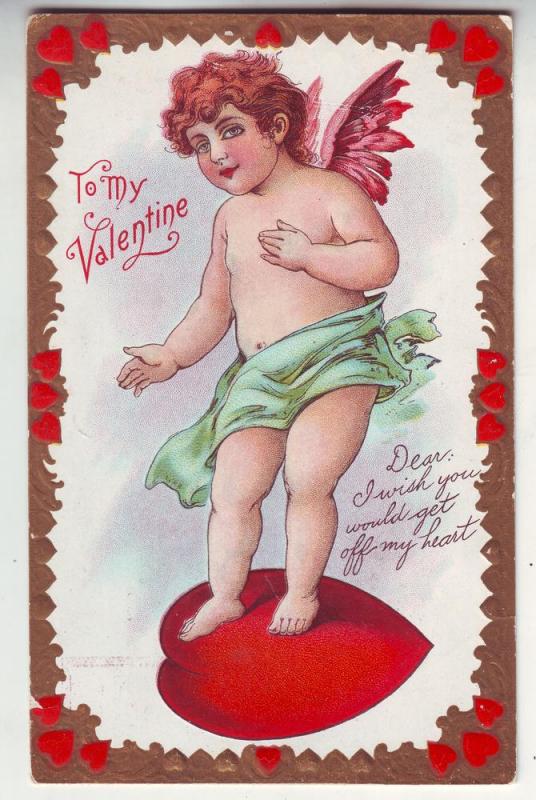 P118 JLs antique postcard very lg cupid heart valentines