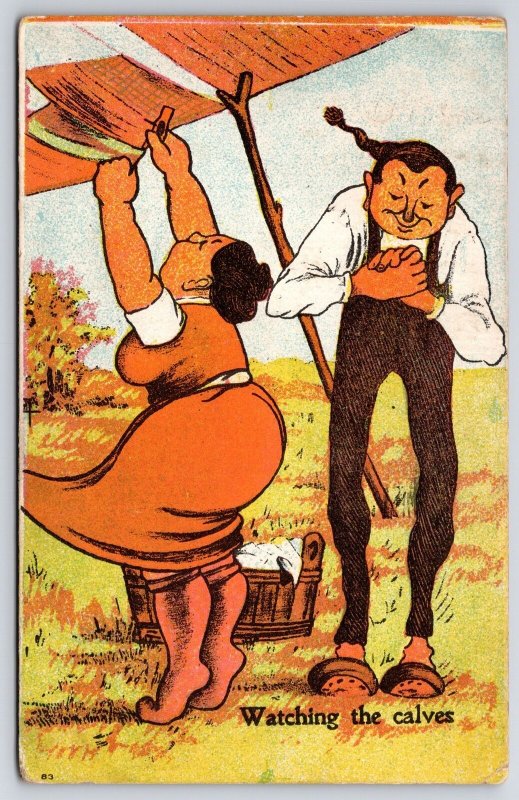 1907 Man Watching The Calves Of Fat Woman Fixing Clothes Posted Postcard