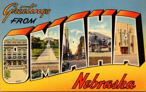 Nebraska Greetings From Omaha Large Letter Linen