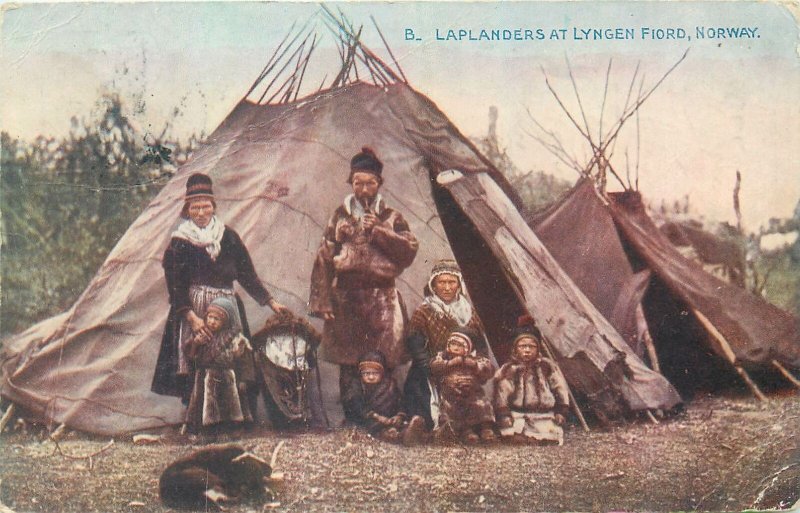 Ethnic type Postcard Laplanders traditional costumes at Lyngen fjord Norway