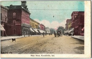 Main Street, Kelly House Business District Kendallville IN Vintage Postcard W33