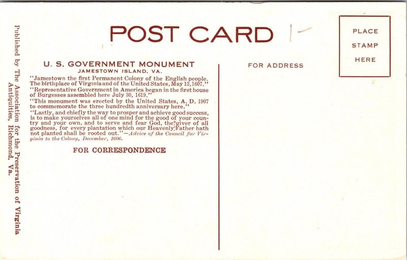 Historic US Government Monument Jamestown Island Virginia Sepia DB Postcard 