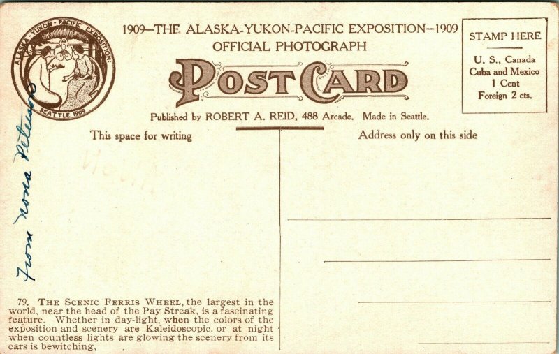 Alaska Yukon Pacific Esposizione Ufficiale Foto Ferris Ruota 1909 Cartolina Unp