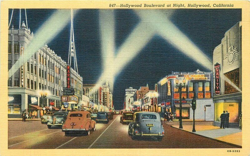 Autos Marquee Hollywood Boulevard Night Teich Western 1940s Postcard 21-931