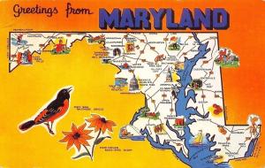 Maryland State Map Postcard~Hunter~Snow Ski~Monkey~Tomatoes~Tobacco~1950s PC