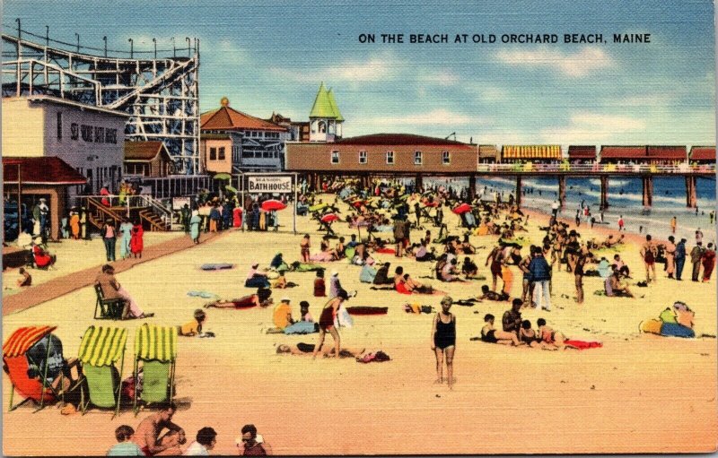 Linen Postcard On the Beach at Old Orchard Beach, Maine~136437