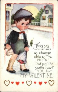 Whitney Valentine Little Boy with Flowers and Candy Vintage Postcard