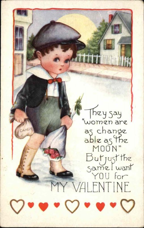 Whitney Valentine Little Boy with Flowers and Candy Vintage Postcard