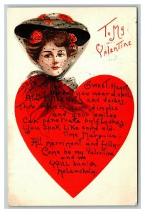 Vintage 1910 Valentines Day Embossed Heart Beautiful Woman Romantic Poem
