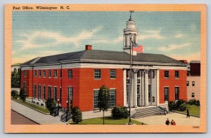 Wilmington NC~Post Office Bldg~USA Flag~Cupola~Federal~Linen 1940s Postcard