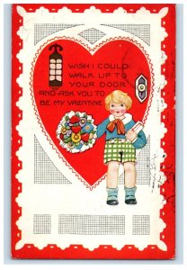 c1910's Boy With Bouquet Of Flowers And Gift Big Heart Posted Antique Postcard