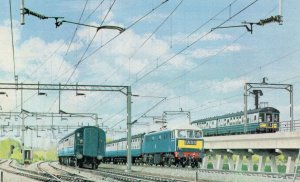 Electrically Hauled Expresses Trains Pass Nr New Fly-Over at Rugby Old Postcard