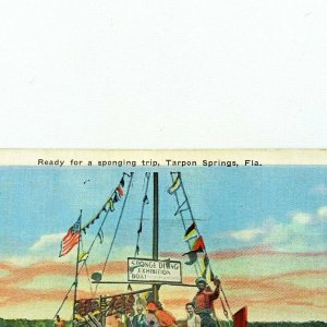 Vintage Postcard Ready for a Sponging Trip Tarpon Springs Florida Sail Boat