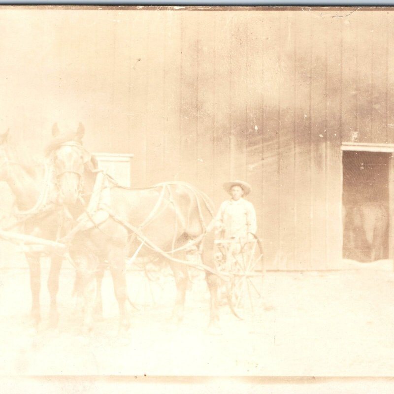 c1910 Horses Man Barn Farm Implement RPPC Real Photo Postcard Mystery Loc. A70