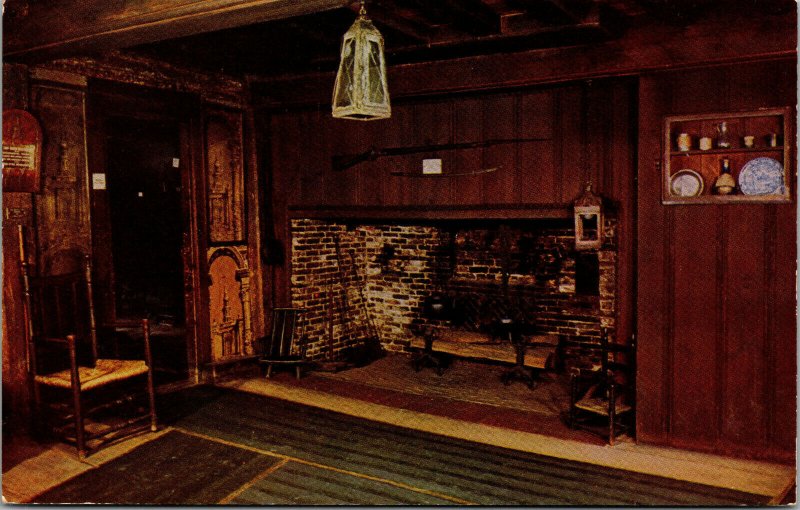 Vtg 1950s Paul Revere House Fireplace Living Room Boston MA Postcard