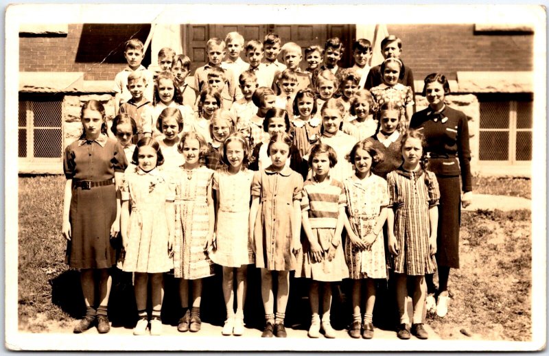 Young Children Line Up for School Class Pictures - Vintage Postcard