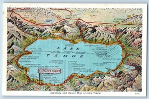 California CA Postcard Highway Resort Map Lake Tahoe MAP 1940 Antique Unposted