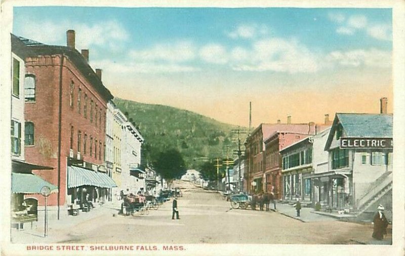 Shelburne Falls, MA Bridge St Postcard, Businesses, Signs, Horses, People