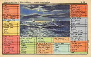 ~TIME SAVER CARD~TIME IS MONEY~SAILBOATS ON MOONLIGHT WATER 1940s POSTCARD