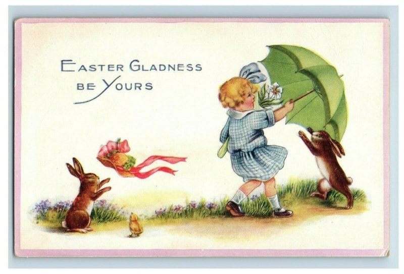 1910 Adorable Girl Brown Easter Bunny Rabbits Anthropomorphic Postcard P92