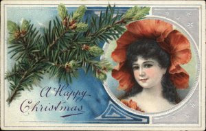 Christmas Pretty Woman Pine Boughs Embossed c1900s-20s Postcard