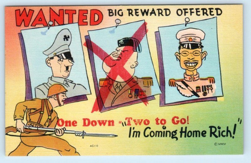 WWII Propaganda Comic ~ Anti HITLER, MUSSOLINI, TOJO One Down 1940s Postcard