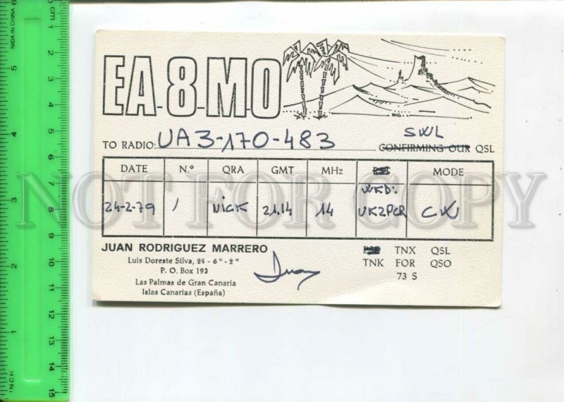 466971 1979 year Spain Canary Islands Las Palmas radio QSL card to USSR