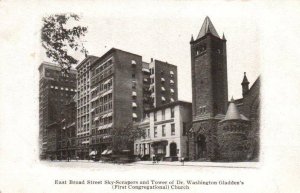 VINTAGE POSTCARD EAST BROAD STREET SKYSCRAPERS & GLADDEN'S CHURCH COLUMBUS OHIO