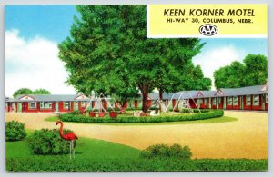 Columbus Nebraska~Keen Korner Motel~Playground~Pink Lawn Flamingo~1950s Postcard