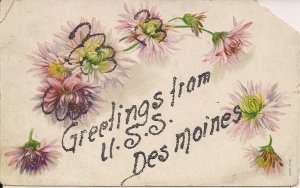 USS Des Moines, US Navy, pre WWI, Greetings, Embossed & Glitter, Cruiser 1907-14