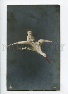 288247 NUDE Baby on STORK Infant newborn Vintage PHOTO PC 