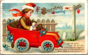 Valentine Postcard Little Boy Driving Car with Gold Hearts and Blue Flowers
