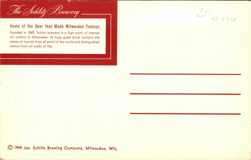 Vtg Postcard 1949 Home of the Jos. Schlitz Brewing Company Milwaukee MN